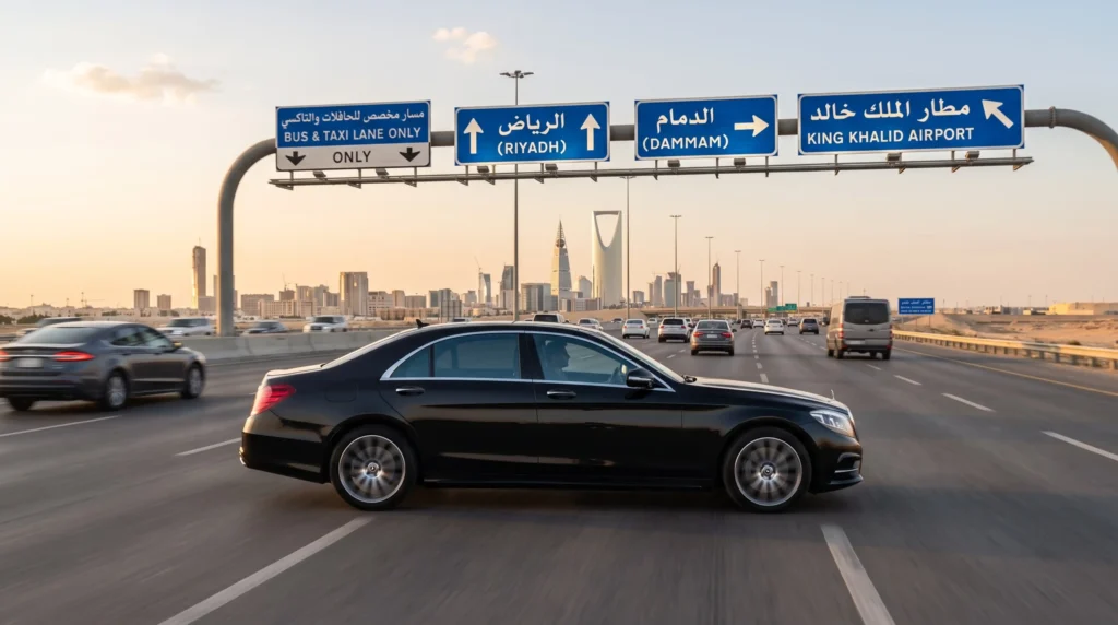 Black sedan on a Saudi highway for Rana Transportation’s Umrah taxi service and city-to-city transfers