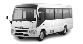 White Toyota Coaster for Rana Transportation Hajj & Umrah Taxi Service and 19-seat Ziyarat transport.